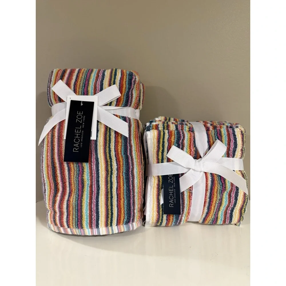 Set of 7 Rachel Zoe Striped Rainbow Multicolored 2 Hand Towels & 5 Washcloths
